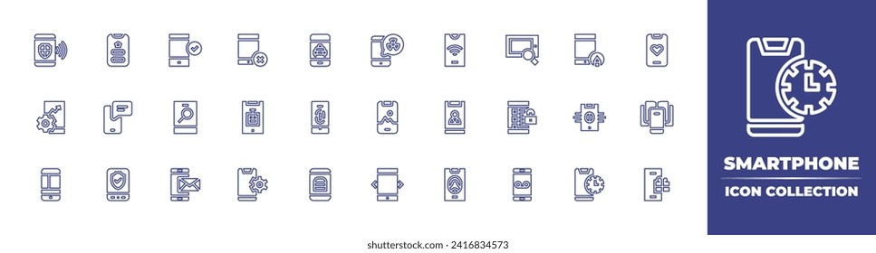 Smartphone line icon collection. Editable stroke. Vector illustration. Containing smartphone, mobile app, app, online payment, search, seo, password, mail, recorder, taxi, love, fingerprint scan.