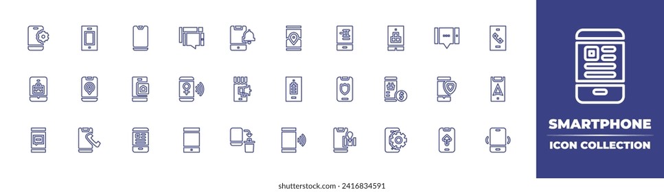 Smartphone line icon collection. Editable stroke. Vector illustration. Containing smartphone, mobile location, mobile, phone, mobile app, payment, alarm, phone call, advertising, gps.