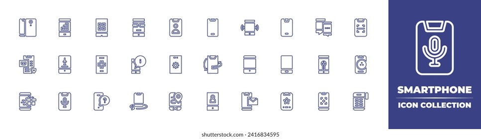 Colección de iconos de la línea Smartphone. Trazo editable. Ilustración vectorial. Contiene smartphone, aplicación móvil, teléfono móvil, teléfono celular, contactos, escáner, ajustes, boliche, ubicación, noticias.