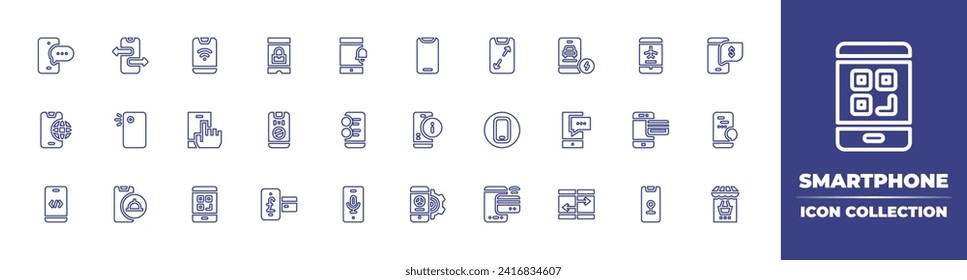Smartphone line icon collection. Editable stroke. Vector illustration. Containing chat, mobile, transfer, display, internet, smartphone, camera, code, food delivery, payment, mobile phone, mobile app.