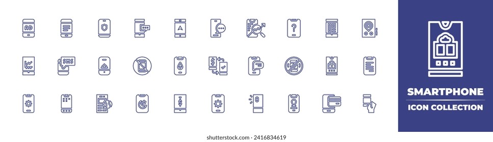 Sammlung von Smartphone-Telefonleitungen Bearbeitbarer Strich. Vektorgrafik. Enthält Anzeigen, Chat, Telefon, Marketing, Besucher, Online-Transfer, SMS, Wetter, Einstellungen, Smartphone, Handy, kein Handy.