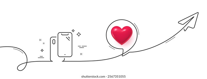 Smartphone line icon. Continuous line with share plane. Phone cover sign. Mobile device symbol. 3d heart in speech bubble. Smartphone single line ribbon. Loop curve pattern. Vector