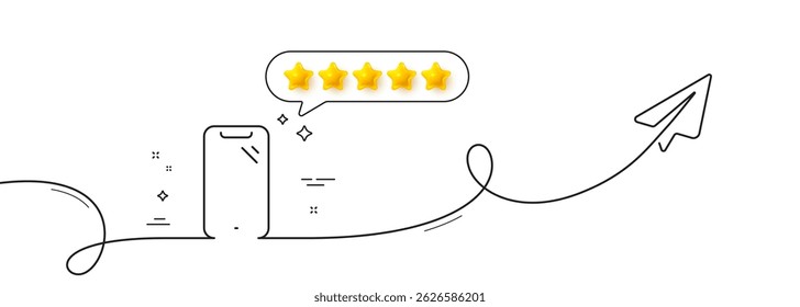 Smartphone line icon. Continuous line with share plane. Phone sign. Mobile device symbol. Five star rate review in speech bubble. Smartphone single line ribbon. Loop curve pattern. Vector