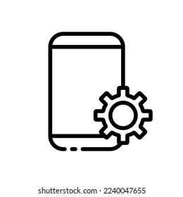 Smartphone line icon. Electronics, application, protection, antivirus, application, chat, settings, gear, shield, notification. Technology concept. Vector black line icon on a white background