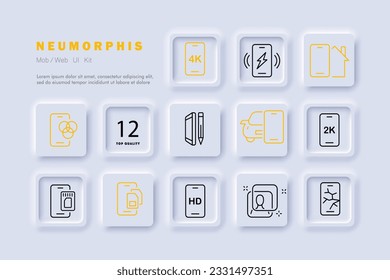 Smartphone line icon. Lightning, gadget, sim card, crack, rgb, touchpad, touch control, 4k. Neomorphism steyle. Vector line icon
