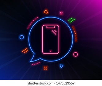 Smartphone line icon. Neon laser lights. Phone sign. Mobile device symbol. Glow laser speech bubble. Neon lights chat bubble. Banner badge with smartphone icon. Vector
