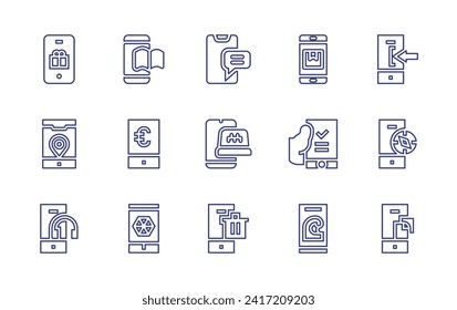 Juego de iconos de línea de Smartphone. Trazo editable. Ilustración vectorial. Conteniendo chat móvil, aplicación móvil, smartphone, teléfono móvil, inicio de sesión, brújula, auriculares, bin, documento.