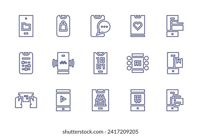 Smartphone line icon set. Editable stroke. Vector illustration. Containing mobile chat, mobile phone, smartphone, folder, book, printer, video player, transport.