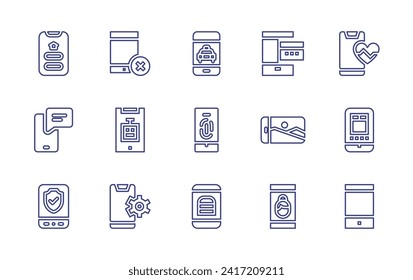 Smartphone line icon set. Editable stroke. Vector illustration. Containing mobile app, smartphone, app, taxi, fingerprint scan.