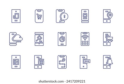 Smartphone line icon set. Editable stroke. Vector illustration. Containing mobile chat, mobile phone, smartphone, location, bell, shopping cart, calculator.