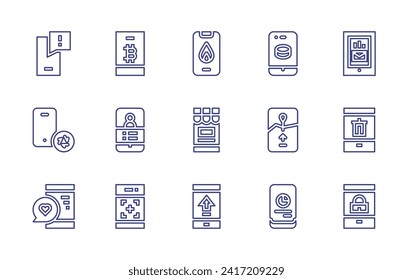 Symbol für Smartphone-Linie gesetzt. Bearbeitbarer Strich. Vektorgrafik. Enthält Smartphone, Handy, Analytik, Telefon, Online-Shop, Upload, Puck, Navigation.