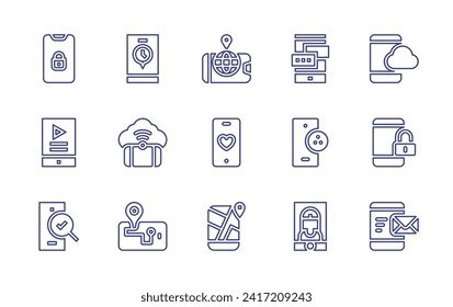 Juego de iconos de línea de Smartphone. Trazo editable. Ilustración vectorial. Con smartphone, ubicación, aplicación de citas, gps, chat, boliche, videocall.