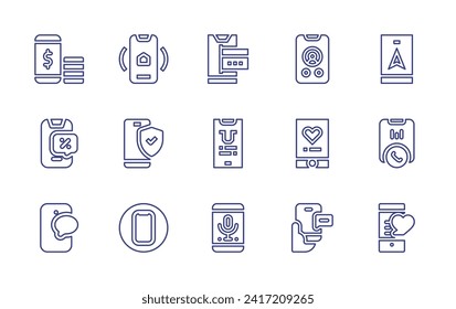 Smartphone line icon set. Editable stroke. Vector illustration. Containing mobile pay, smartphone, route, phone call, phone, online payment, app, voice recognition.