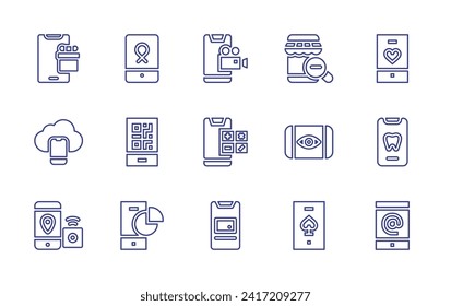 Smartphone line icon set. Editable stroke. Vector illustration. Containing smartphone, mobile payment, online shop, ocular unlocking, phone, dental, donate, arroba, qr code, pie chart.