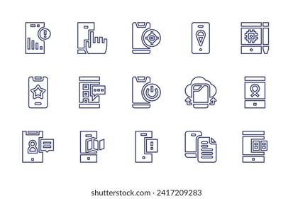 Smartphone line icon set. Editable stroke. Vector illustration. Containing smartphone, mobile data, app, cloud storage, document, payment method, chat, map.