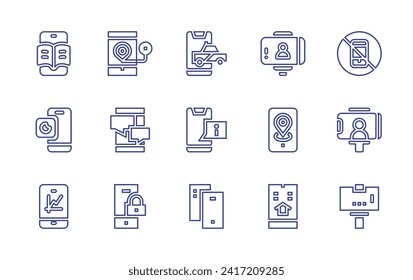 Smartphone line icon set. Editable stroke. Vector illustration. Containing smartphone, selfie, gps, real estate, no phone, navigation, selfie stick, chatting, lock.