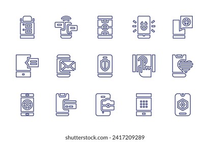 Smartphone line icon set. Editable stroke. Vector illustration. Containing smartphone, mobile phone, cellphone, payment method, chat, phone, smileys, tap, password.