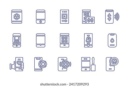 Smartphone line icon set. Editable stroke. Vector illustration. Containing smartphone, mobile banking, mobile phone, d, app, rating, trading, weather, phone.