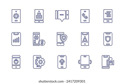 Smartphone line icon set. Editable stroke. Vector illustration. Containing mobile app, mobile payment, mobile, smartphone, weather forecast, signal, power, phone call, gps, ring.