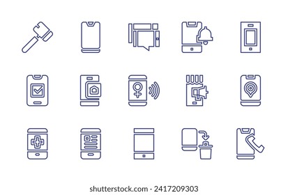 Smartphone line icon set. Editable stroke. Vector illustration. Containing mobile phone, mobile payment, smartphone, selfie stick, voting, phone, alarm, advertising, electronic.