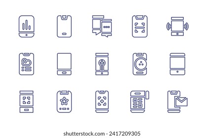 Juego de iconos de línea de Smartphone. Trazo editable. Ilustración vectorial. Con smartphone, métrica, aplicación meteorológica, cámara de teléfono, escáner, boliche, noticias.