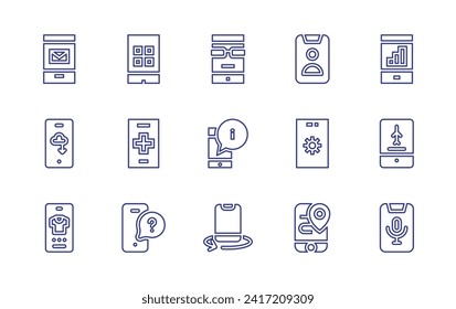 Smartphone line icon set. Editable stroke. Vector illustration. Containing mobile app, mobile phone, smartphone, cellphone, message, download, online shopping, contacts, settings, location.