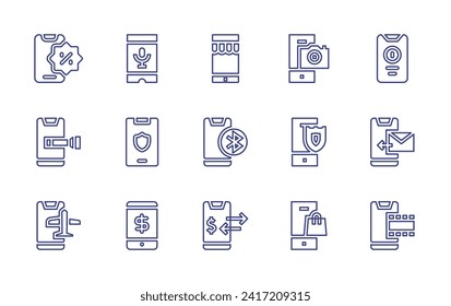 Smartphone line icon set. Editable stroke. Vector illustration. Containing smartphone, mobile store, mobile payment, voice recognition, shield, phone, camera, shopping bag.