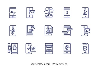 Smartphone line icon set. Editable stroke. Vector illustration. Containing smartphone, message, location, qr code, warning, chat, baseball.