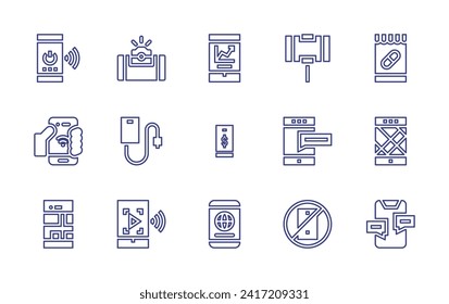 Smartphone line icon set. Editable stroke. Vector illustration. Containing smartphone, cellphone, mobile, selfie, device, video, no phone, chat, gps, selfie stick, online pharmacy.