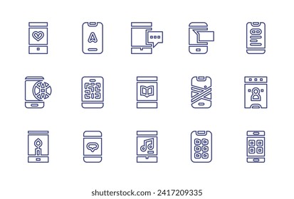 Smartphone line icon set. Editable stroke. Vector illustration. Containing smartphone, gps, app, qr code, voting, message, sms, map, folder.