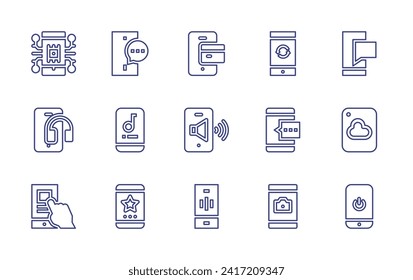 Smartphone line icon set. Editable stroke. Vector illustration. Containing smartphone, mobile, message, text message, music app, weather, star, turn off, reload, chat, camera.