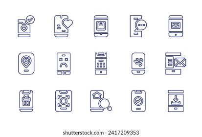Juego de iconos de línea de Smartphone. Trazo editable. Ilustración vectorial. Con smartphone, aplicación móvil, teléfono celular, pago móvil, candado, batería, pedido de comida, mensaje de texto, tiempo, apagado, recarga.
