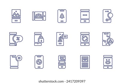 Smartphone line icon set. Editable stroke. Vector illustration. Containing smartphone, mobile phone, broken smartphone, no cellphone, alarm, videocall, app.