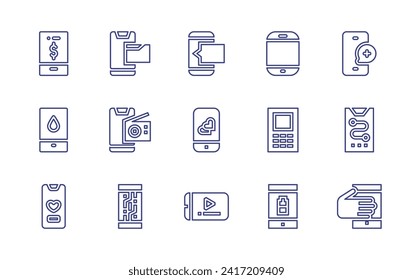 Juego de iconos de línea de Smartphone. Trazo editable. Ilustración vectorial. Contiene smartphone, teléfono celular, chat, aplicación de citas, video.