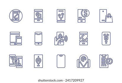 Smartphone line icon set. Editable stroke. Vector illustration. Containing smartphone, mobile phone, cellphone, mobile shopping, cell phone, no phone, responsive, exchange, bank, map, placeholder.