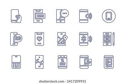 Juego de iconos de línea de Smartphone. Trazo editable. Ilustración vectorial. Contiene smartphone, marketing, teléfono, móvil, mapa móvil, teléfono, prototipo, aplicación de música.