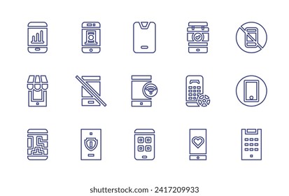 Smartphone line icon set. Editable stroke. Vector illustration. Containing smartphone, no smartphones, mobile, phone, online shop, tetris, reminder, soccer, medical app.