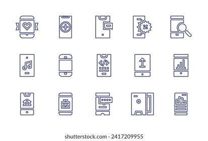 Smartphone line icon set. Editable stroke. Vector illustration. Containing mobile phone, cellphone, smartphone, mobile app, popularity, music player, bank, phone, upload, phone case.