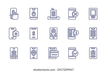 Symbol für Smartphone-Linie gesetzt. Bearbeitbarer Strich. Vektorgrafik. Enthält App, Kamera, Online-Banking, Mobiltelefon, Smartphone, Handy-Banking, Telefon, Wireframe.