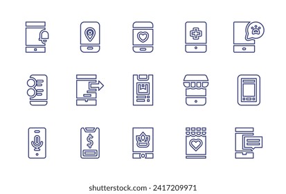 Smartphone line icon set. Editable stroke. Vector illustration. Containing mobile, mobile money, mobile app, smartphone, notification, contact, voice recognition, health, online store, wishlist.