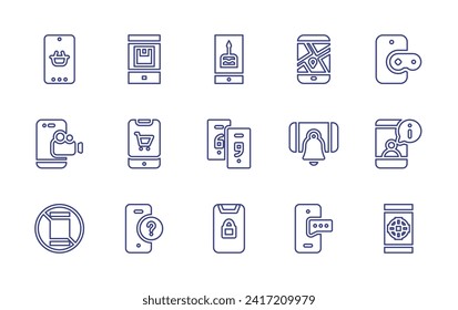 Juego de iconos de línea de Smartphone. Trazo editable. Ilustración vectorial. Conteniendo teléfono móvil, smartphone, móvil, smartphones, seguridad móvil, ecommerce, registro, sin teléfono, mapa de la calle, notificaciones, chat.