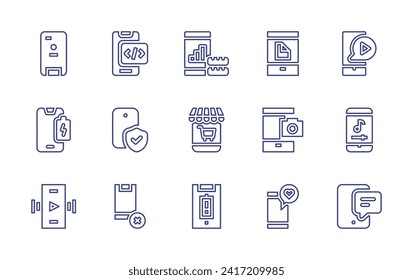 Smartphone line icon set. Editable stroke. Vector illustration. Containing phone case, low battery, smartphones, smartphone, mobile store, mobile, no mobile phone, phone, music app, chat.