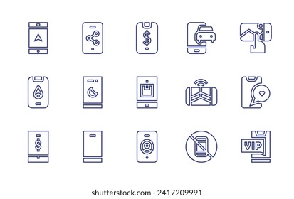 Smartphone line icon set. Editable stroke. Vector illustration. Containing smartphone, mobile phone, mobile chat, navigation, fire, online payment, application, virtual reality, no phone.