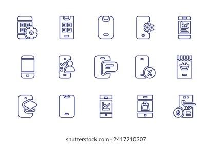 Juego de iconos de línea de Smartphone. Trazo editable. Ilustración vectorial. Conteniendo aplicación, aplicaciones, smartphone, contacto, configuración móvil, teléfono, compras en línea, vuelo.