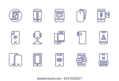 Smartphone line icon set. Editable stroke. Vector illustration. Containing no smartphones, phone, phone case, smartphone, smartphones, mobile app, mobile phone, payment method, gps, hotel.