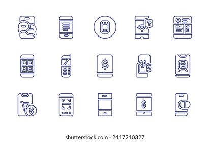 Symbol für Smartphone-Linie gesetzt. Bearbeitbarer Strich. Vektorgrafik. Mit Kommunikation, Handy, Smartphone, Telefon, Einkaufen, Scannen, Mobile Banking, Spiel, Kauf, Zug.