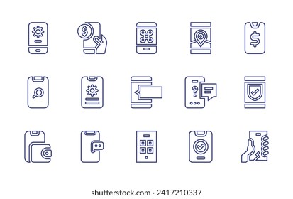Juego de iconos de línea de Smartphone. Trazo editable. Ilustración vectorial. Conteniendo teléfono móvil, donación, búsqueda móvil, soporte técnico, cartera digital, comentario, aplicación, mapa móvil, smartphone.