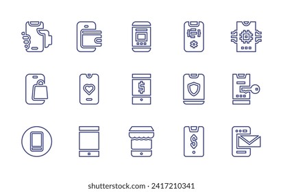 Juego de iconos de línea de Smartphone. Trazo editable. Ilustración vectorial. Con smartphone, cartera digital, tienda en línea, aplicación, aplicación móvil, desarrollo, pago, tienda, dinero móvil.