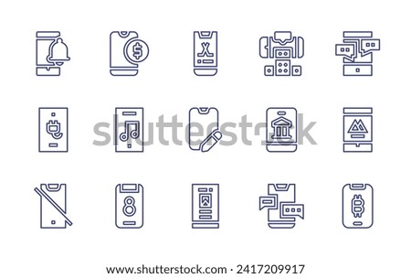 Smartphone line icon set. Editable stroke. Vector illustration. Containing mobile payment, mobile phone, smartphone, alarm, charging, no phone, augmented reality, online banking, chating.