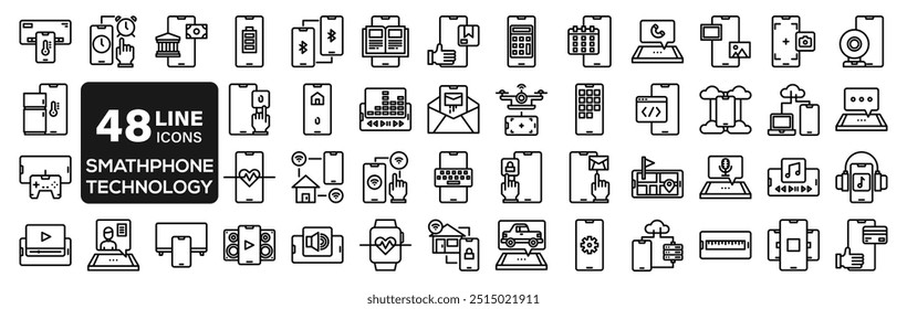 Smartphone line icon set. Phone, mobile phone in hand, sms, finger, like etc. Editable stroke.